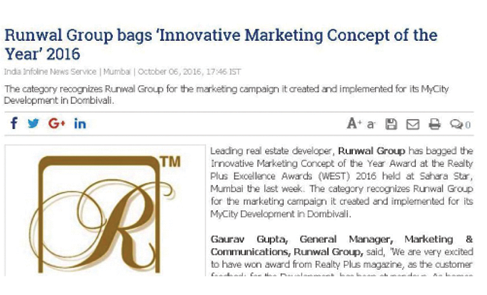 Runwal bags ‘Innovative Marketing Concept of the Year’ 2016